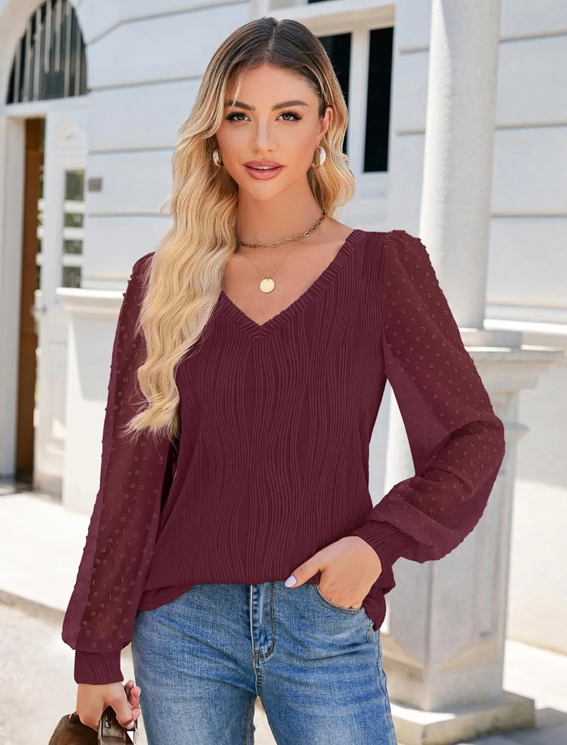 JUSTFASHIONNOW Womens Blouses Dressy Casual Long Sleeve Shirts V Neck Puff Sleeve Business Tops Work Shirts Trendy Holiday