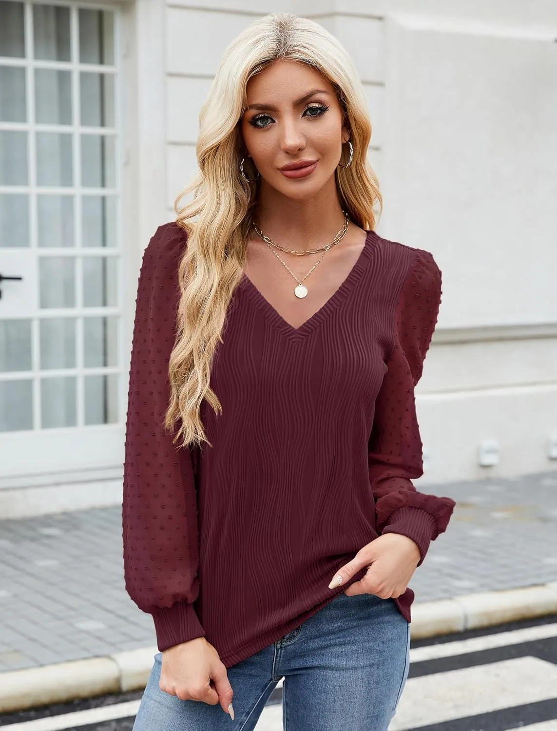 JUSTFASHIONNOW Womens Blouses Dressy Casual Long Sleeve Shirts V Neck Puff Sleeve Business Tops Work Shirts Trendy Holiday