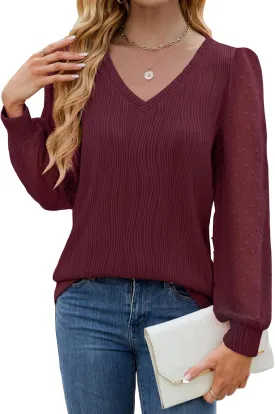 JUSTFASHIONNOW Womens Blouses Dressy Casual Long Sleeve Shirts V Neck Puff Sleeve Business Tops Work Shirts Trendy Holiday