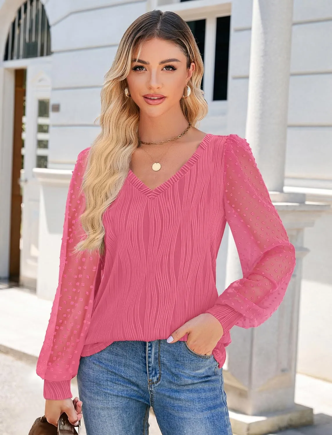JUSTFASHIONNOW Womens Blouses Dressy Casual Long Sleeve Shirts V Neck Puff Sleeve Business Tops Work Shirts Trendy Holiday
