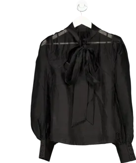 Karen Millen Black Sheer Puff Sleeve Tie Neck Blouse UK 10