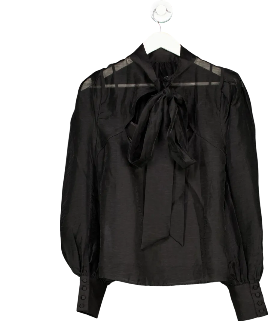 Karen Millen Black Sheer Puff Sleeve Tie Neck Blouse UK 10