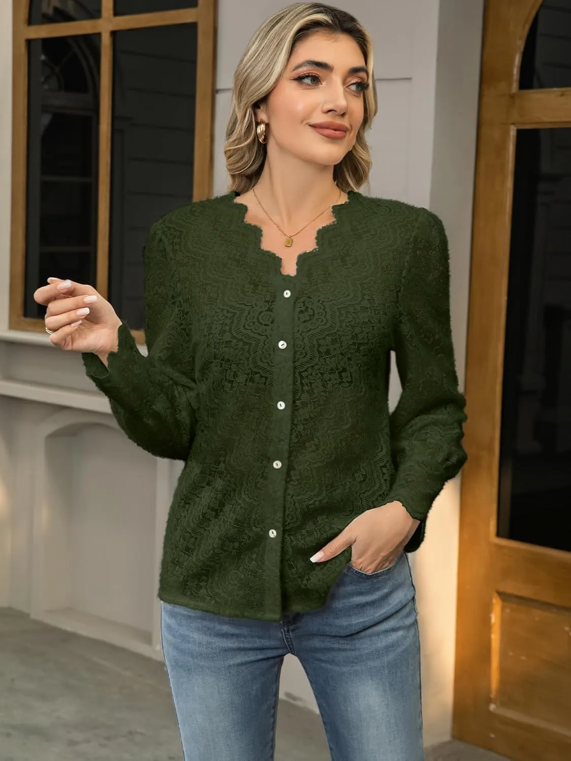 Lace Tops for Women Dressy Casual Blouses Puff Long Sleeve V Neck Button Down Business Work Shirts