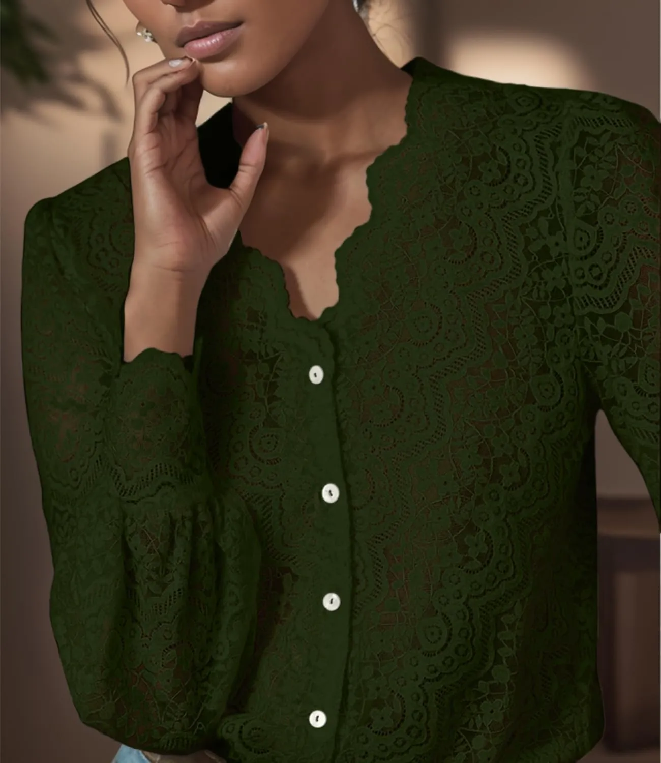 Lace Tops for Women Dressy Casual Blouses Puff Long Sleeve V Neck Button Down Business Work Shirts