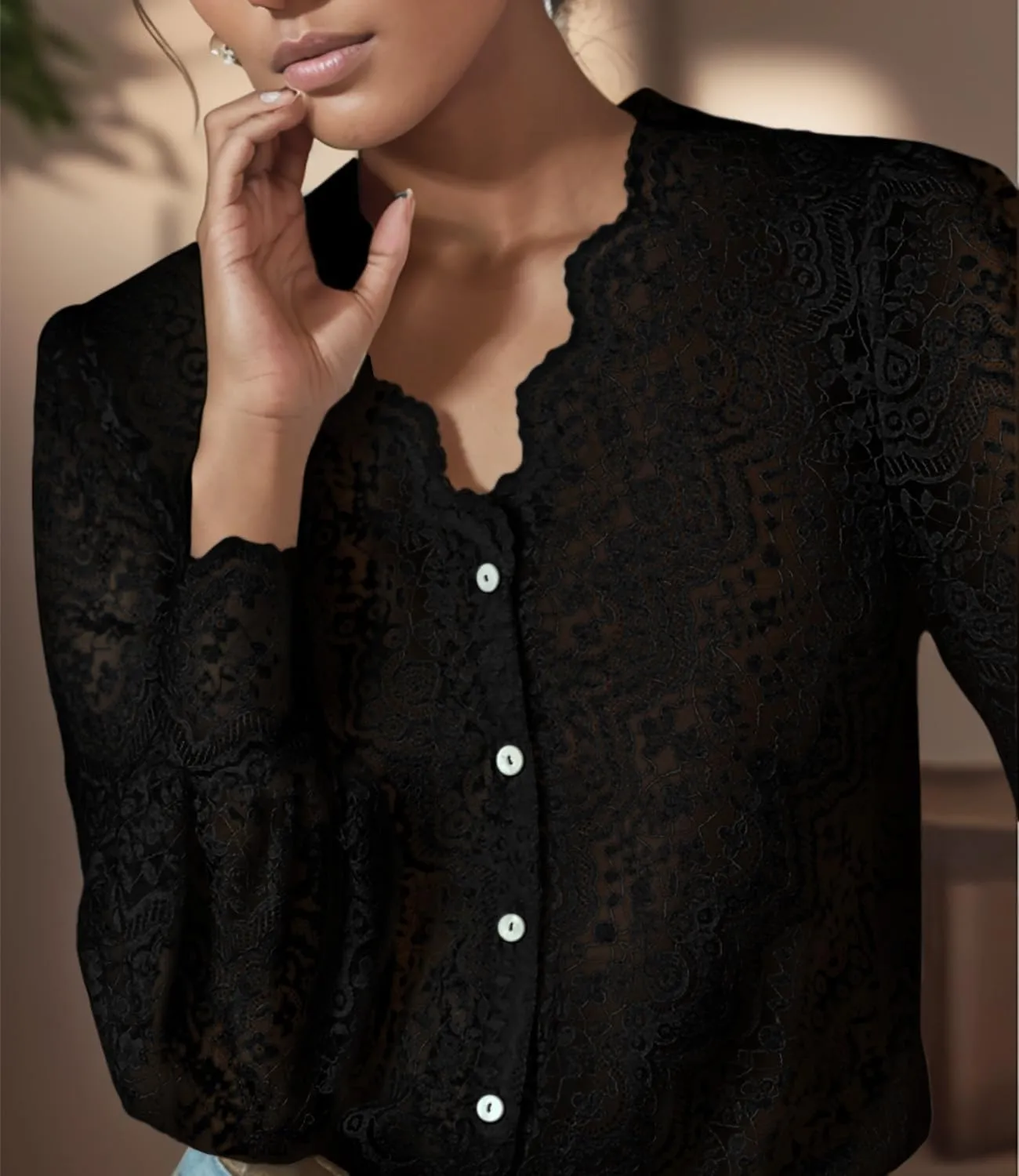 Lace Tops for Women Dressy Casual Blouses Puff Long Sleeve V Neck Button Down Business Work Shirts