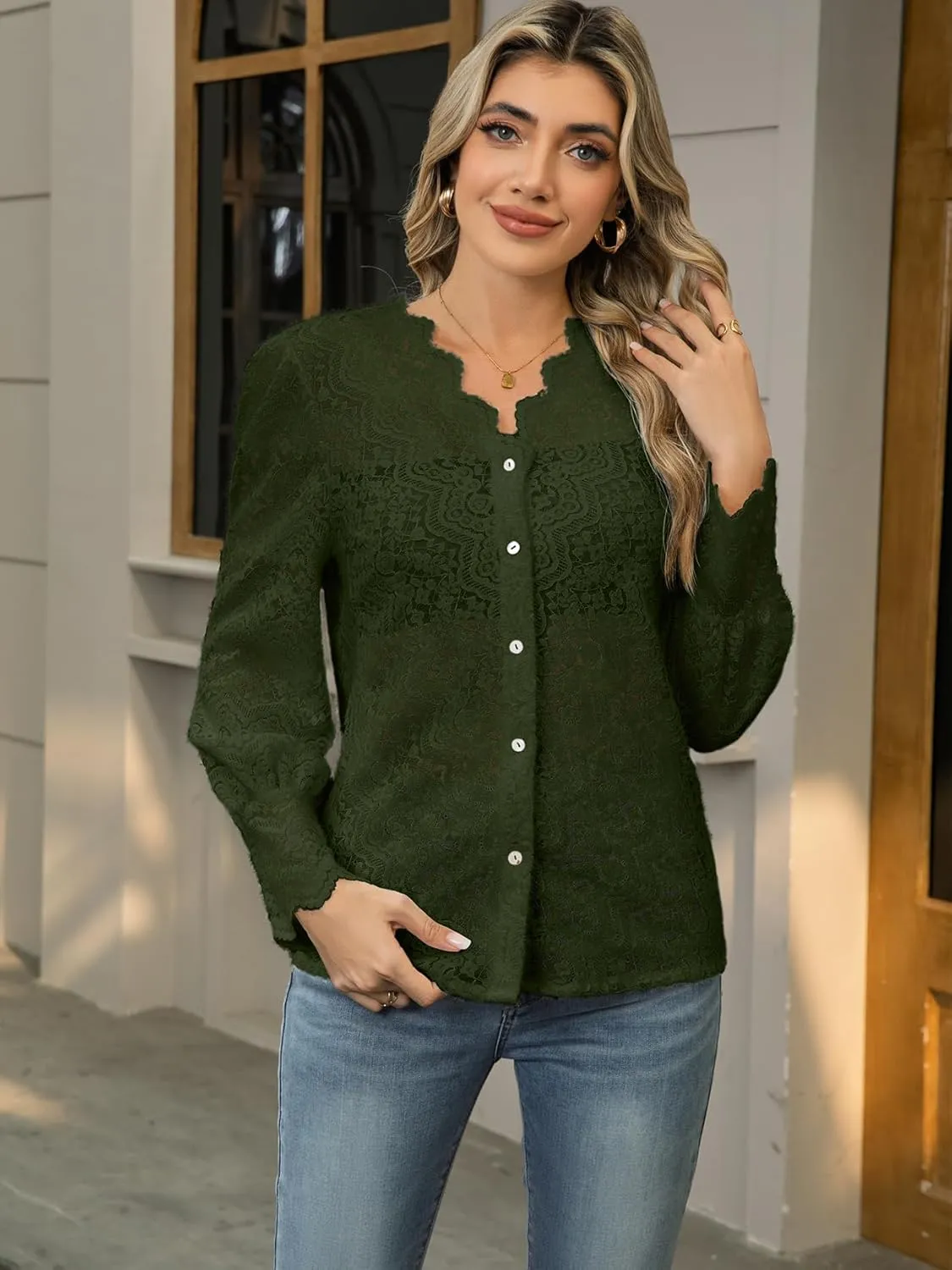 Lace Tops for Women Dressy Casual Blouses Puff Long Sleeve V Neck Button Down Business Work Shirts