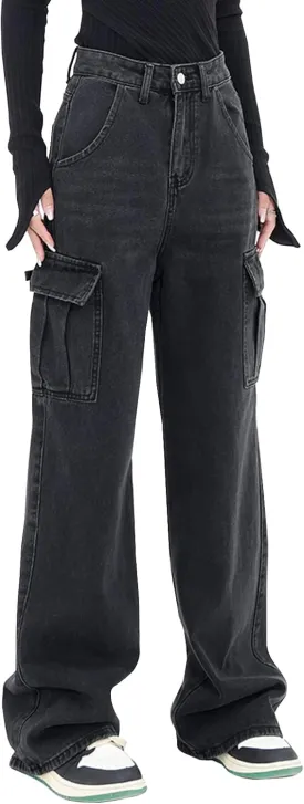 LONGYIDA Women's High Waisted Cargo Jeans Straight Wide Leg Stretch Baggy Jean Y2K Casual Loose Denim Cargo Pants Trousers
