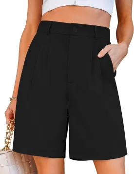 luvamia Bermuda Shorts for Women Dressy Casual High Waisted Summer Work Elastic Waist Pleated Dress Shorts with Pockets