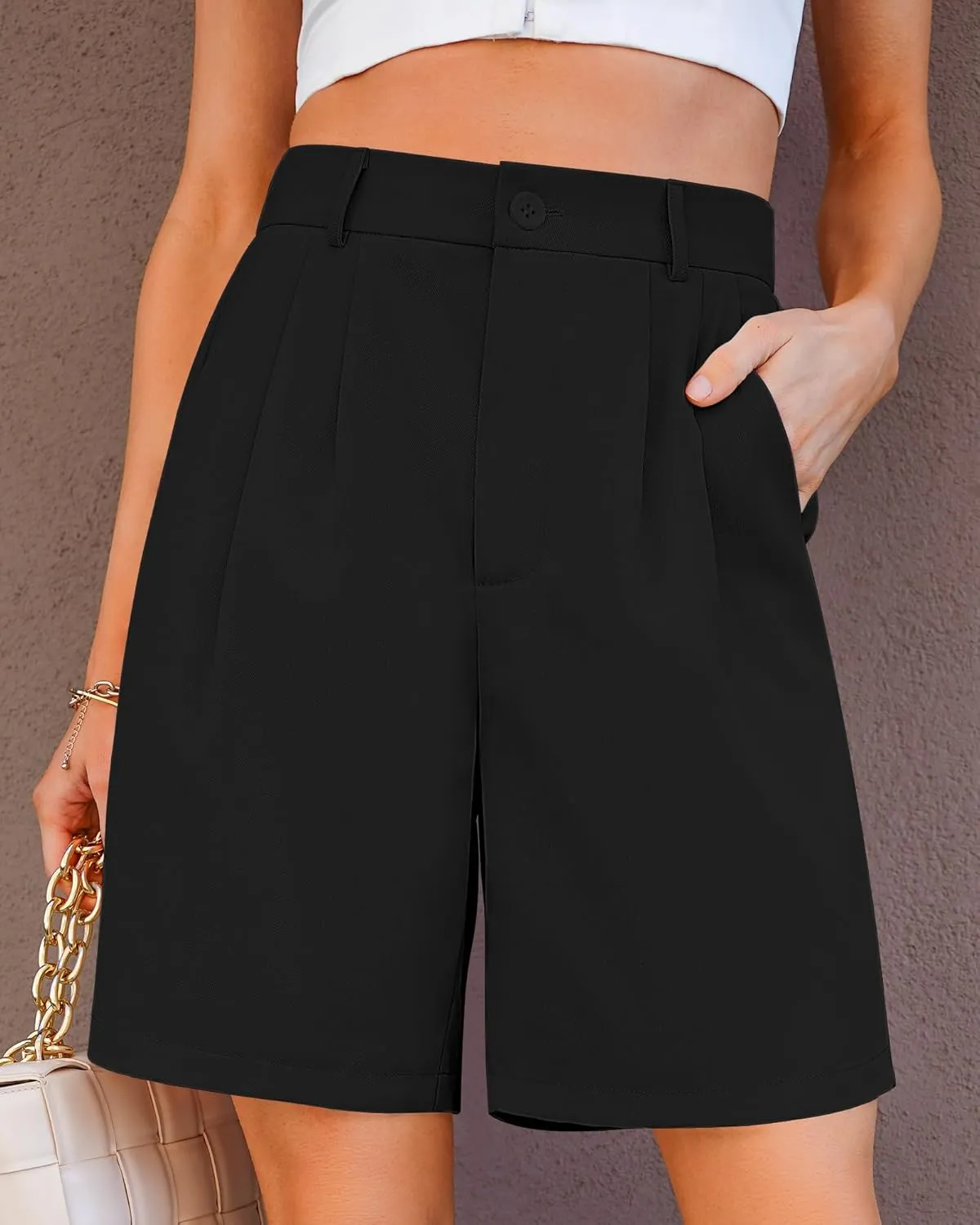 luvamia Bermuda Shorts for Women Dressy Casual High Waisted Summer Work Elastic Waist Pleated Dress Shorts with Pockets