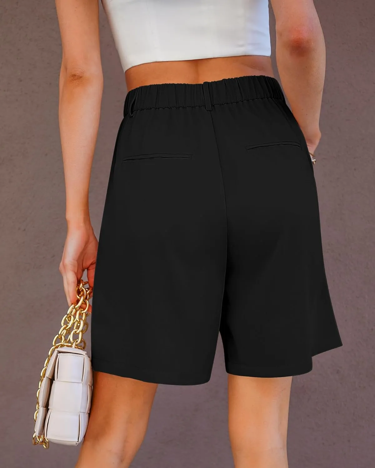 luvamia Bermuda Shorts for Women Dressy Casual High Waisted Summer Work Elastic Waist Pleated Dress Shorts with Pockets