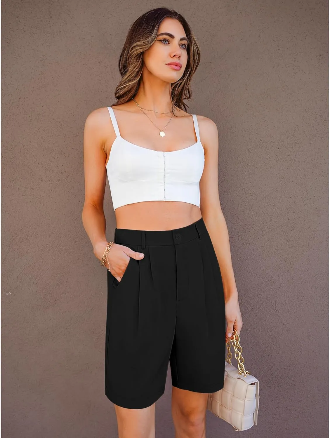 luvamia Bermuda Shorts for Women Dressy Casual High Waisted Summer Work Elastic Waist Pleated Dress Shorts with Pockets