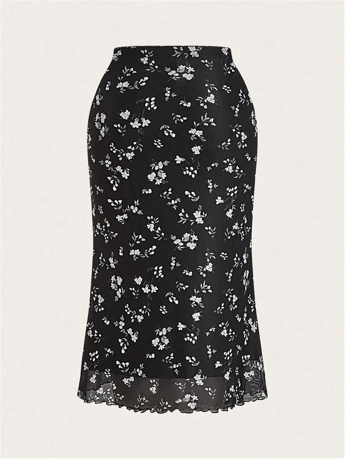 MakeMeChic Women's Plus Size Floral Print Lettuce Trim Mesh Sheer Casual Bodycon Long Skirts