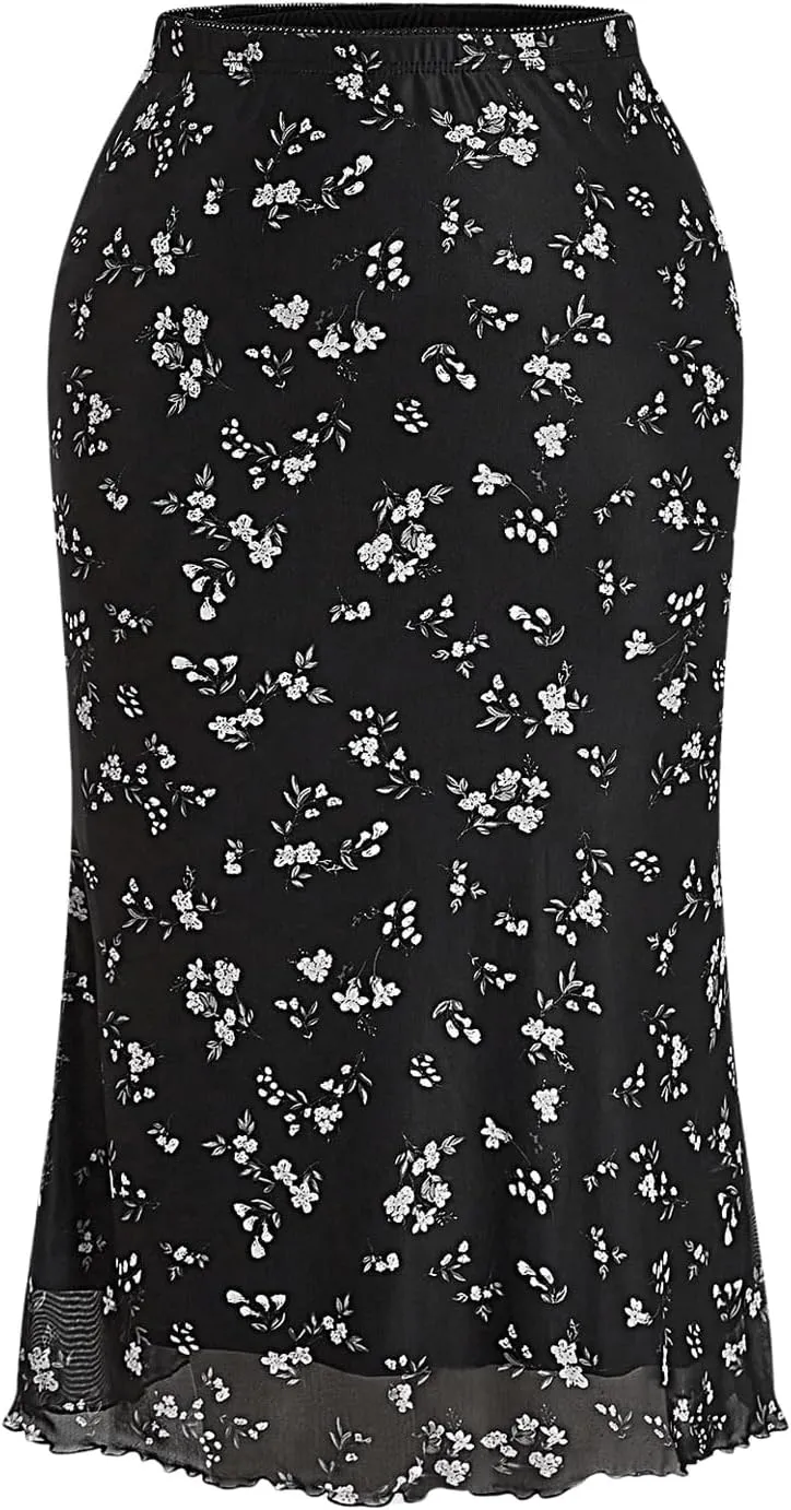 MakeMeChic Women's Plus Size Floral Print Lettuce Trim Mesh Sheer Casual Bodycon Long Skirts