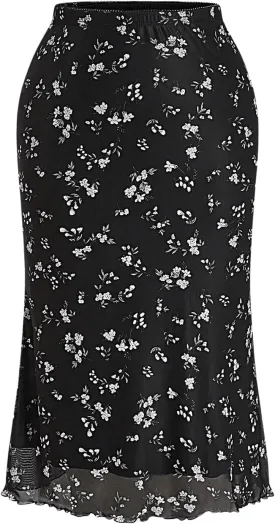 MakeMeChic Women's Plus Size Floral Print Lettuce Trim Mesh Sheer Casual Bodycon Long Skirts