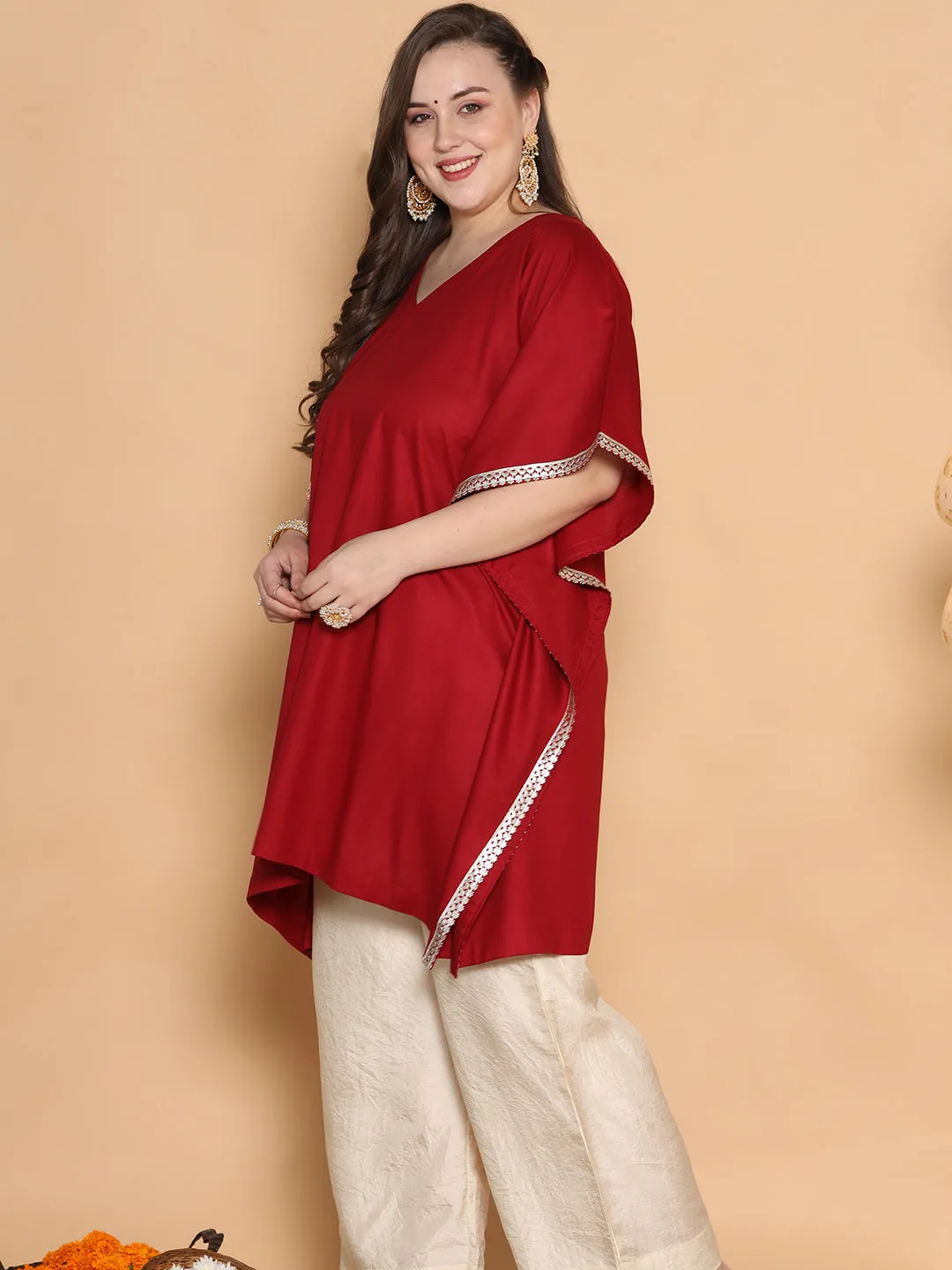 Maroon Rayon Embellished Kaftan Kurta