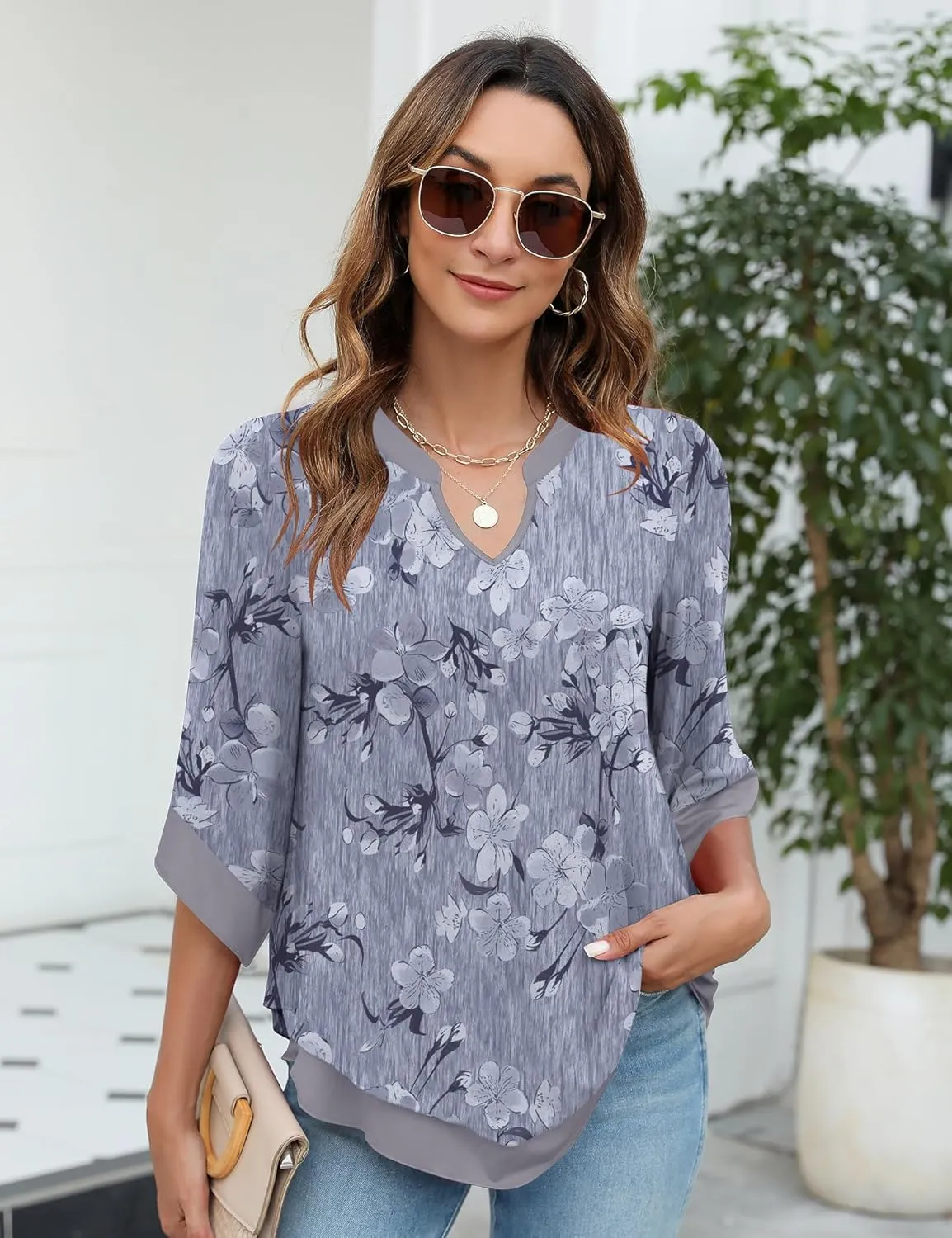Micoson Womens 3/4 Sleeve Chiffon Blouses V Neck Double Layers Mesh Shirts Dressy Flowy Tunic Tops