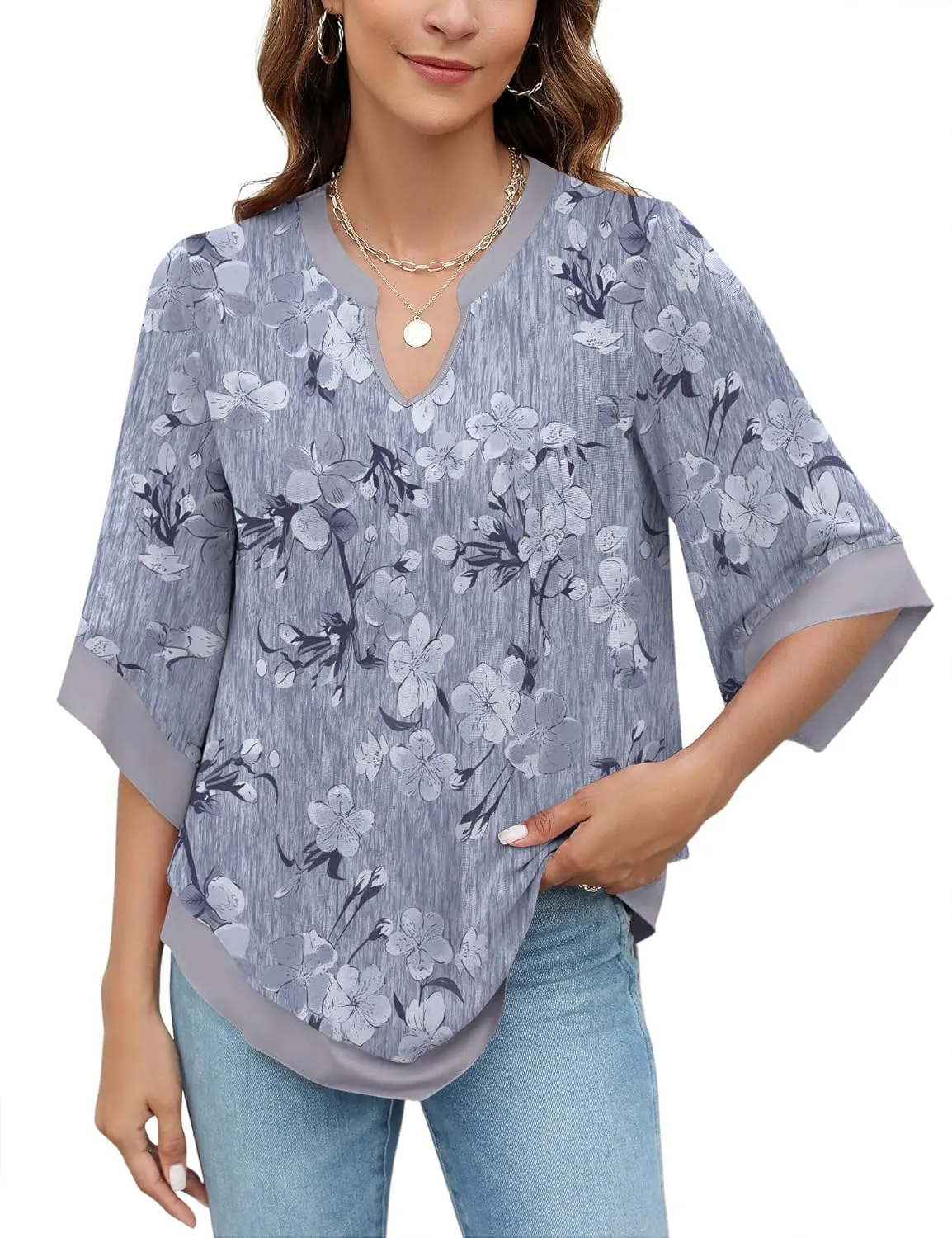 Micoson Womens 3/4 Sleeve Chiffon Blouses V Neck Double Layers Mesh Shirts Dressy Flowy Tunic Tops