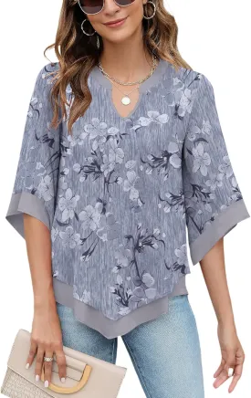 Micoson Womens 3/4 Sleeve Chiffon Blouses V Neck Double Layers Mesh Shirts Dressy Flowy Tunic Tops