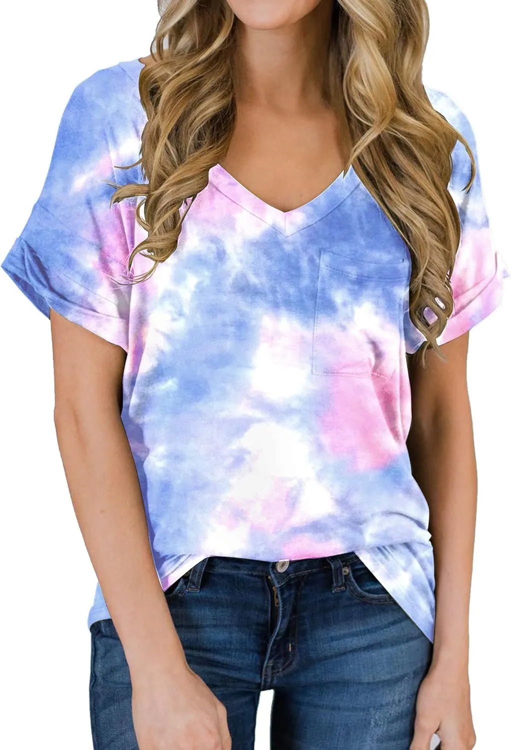 MIHOLL Women's Short Sleeve V-Neck Shirts Loose Casual Tee T-Shirt