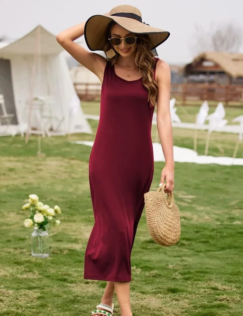 Naggoo Women's Sleevelee Tank Dress Midi Summer Casual Scoop Neck Basic Split Maxi Tshirt Sundresses with Pockets
