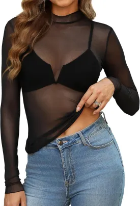 OFEEFAN Womens Long Sleeve Mesh Top See Through Mock Neck Sheer Blouses