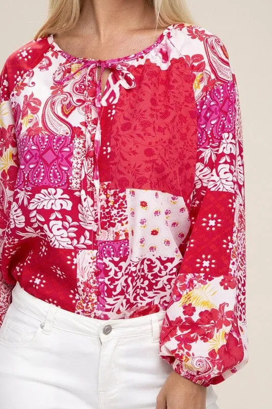 Patchwork Print Tie Neck Blouse