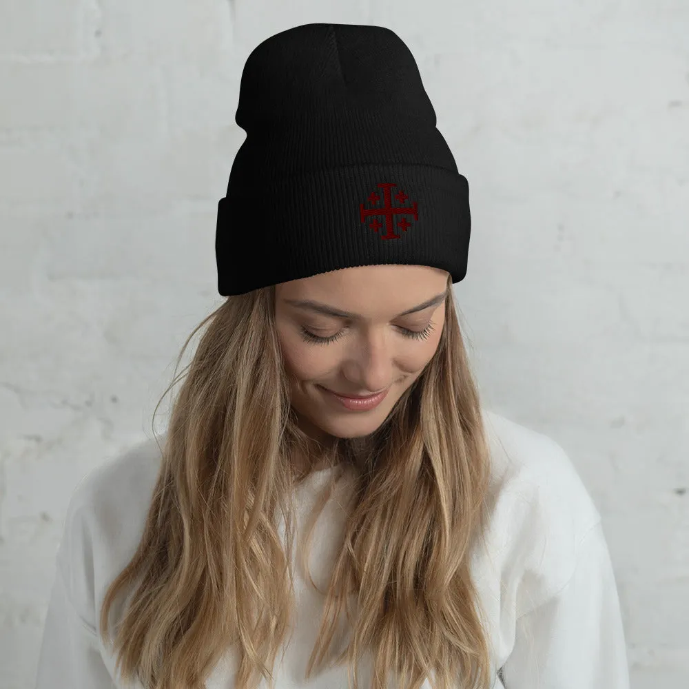 Red Jerusalem Cross Cuffed Beanie