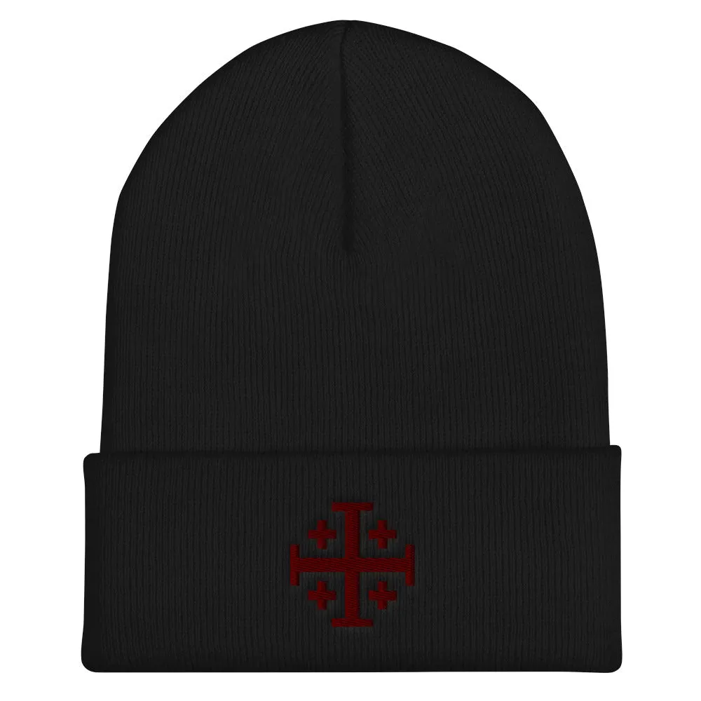Red Jerusalem Cross Cuffed Beanie