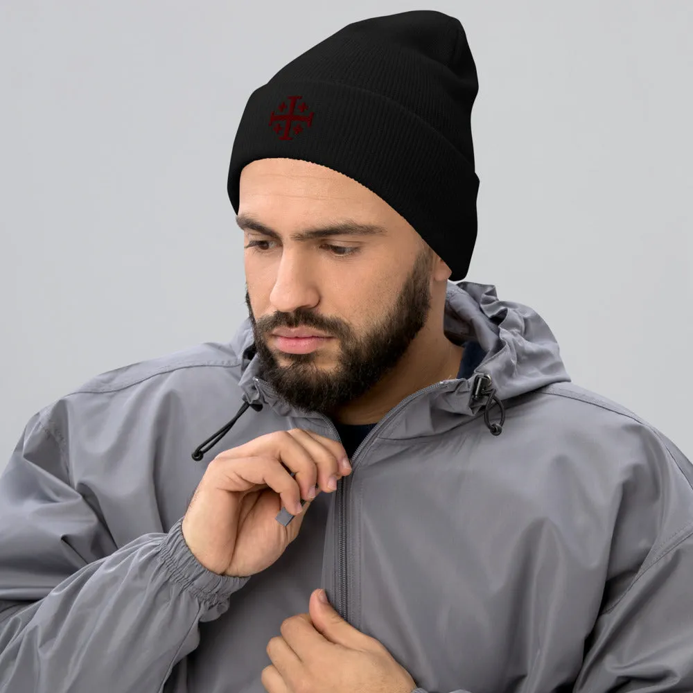 Red Jerusalem Cross Cuffed Beanie