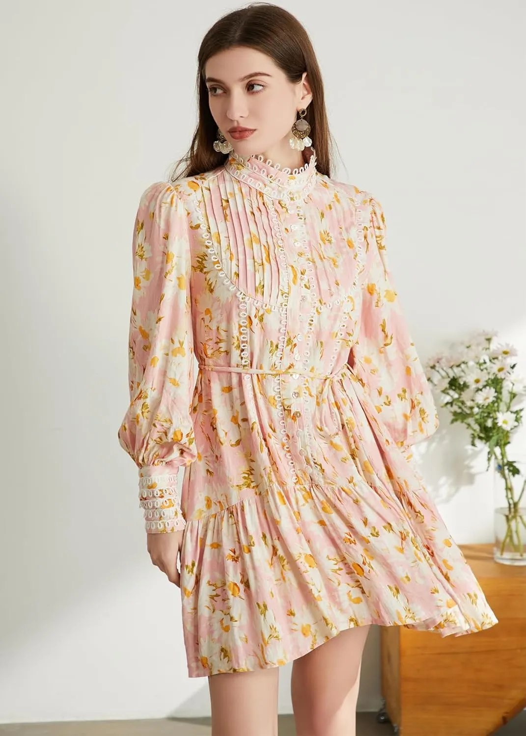 Ruffle Sleeve Tunic Midi Dress Flowy Shift Sundress Sweet Babydoll Button Down Swing Skirt