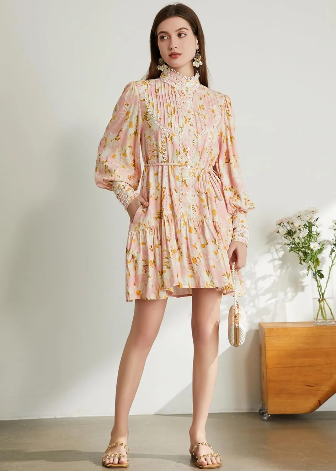 Ruffle Sleeve Tunic Midi Dress Flowy Shift Sundress Sweet Babydoll Button Down Swing Skirt