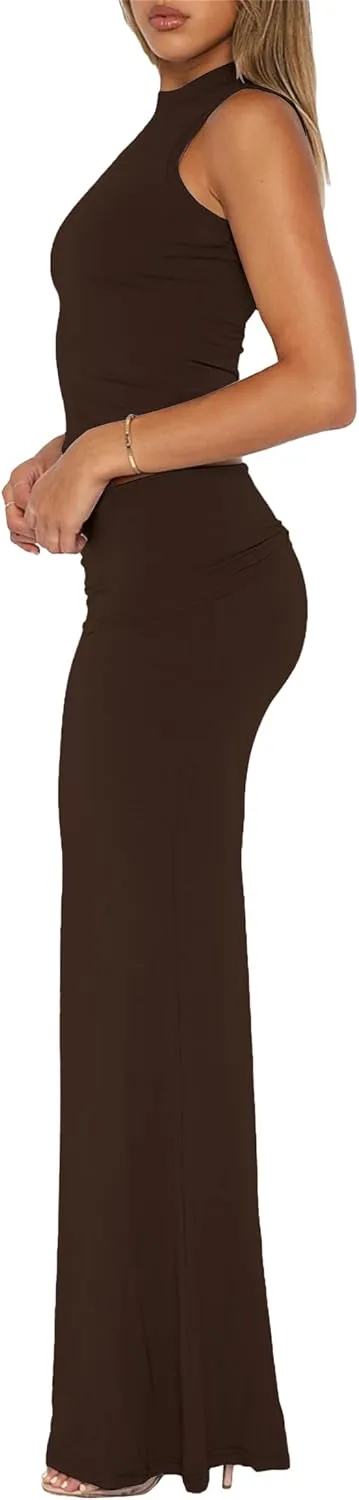 Skirt Sets Women 2 Piece Outfits - Sexy Two Pc Sleeveless Tank Crop Top Fold Over Maxi Long Skirts