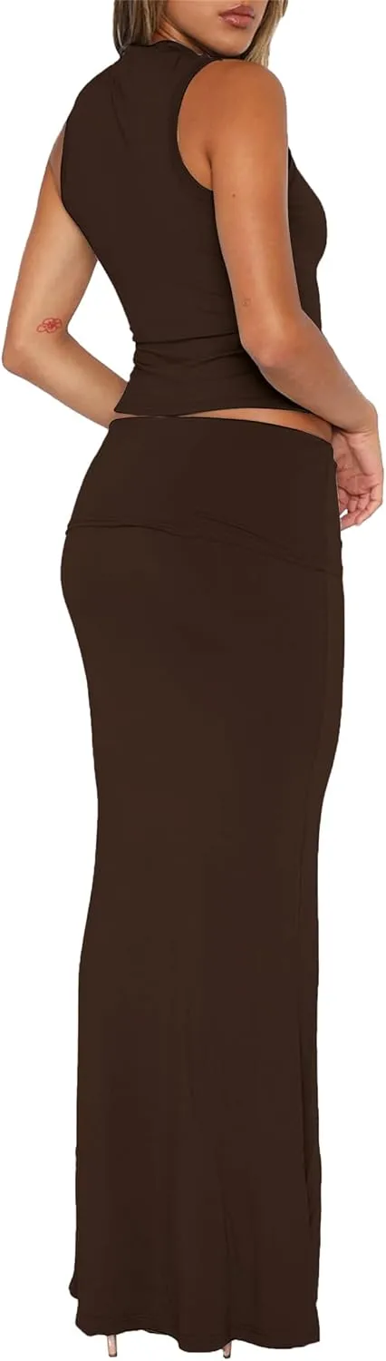 Skirt Sets Women 2 Piece Outfits - Sexy Two Pc Sleeveless Tank Crop Top Fold Over Maxi Long Skirts