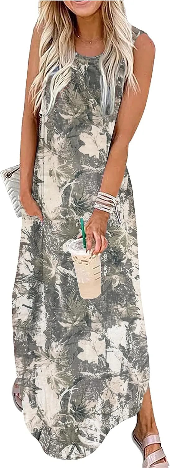 Summer Dresses for Women 2025 Beach Vacation Dress Boho Floral Sundresses Ladies Tropical Pockets Maxi Dress