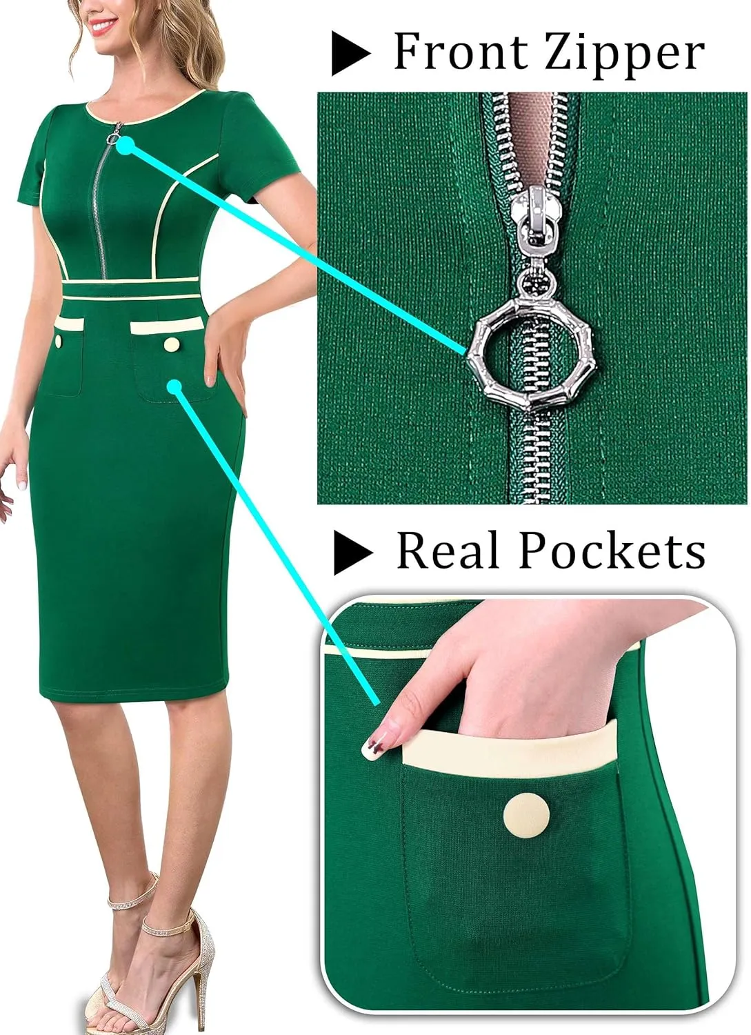 VFSHOW Womens 2024 Business Work Office Crew Neck Front Zipper Pockets Buttons Elegant Vintage Retro Bodycon Dress