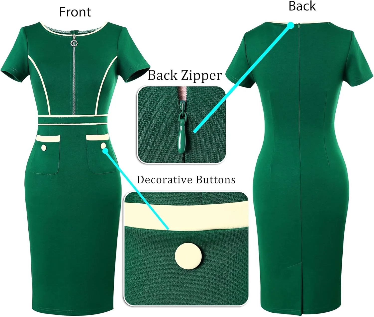 VFSHOW Womens 2024 Business Work Office Crew Neck Front Zipper Pockets Buttons Elegant Vintage Retro Bodycon Dress