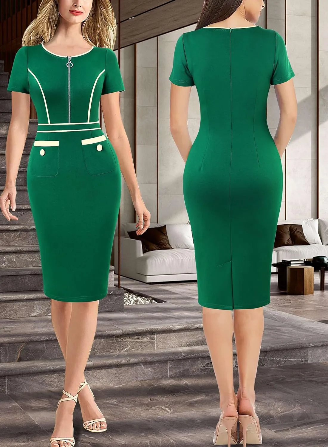VFSHOW Womens 2024 Business Work Office Crew Neck Front Zipper Pockets Buttons Elegant Vintage Retro Bodycon Dress