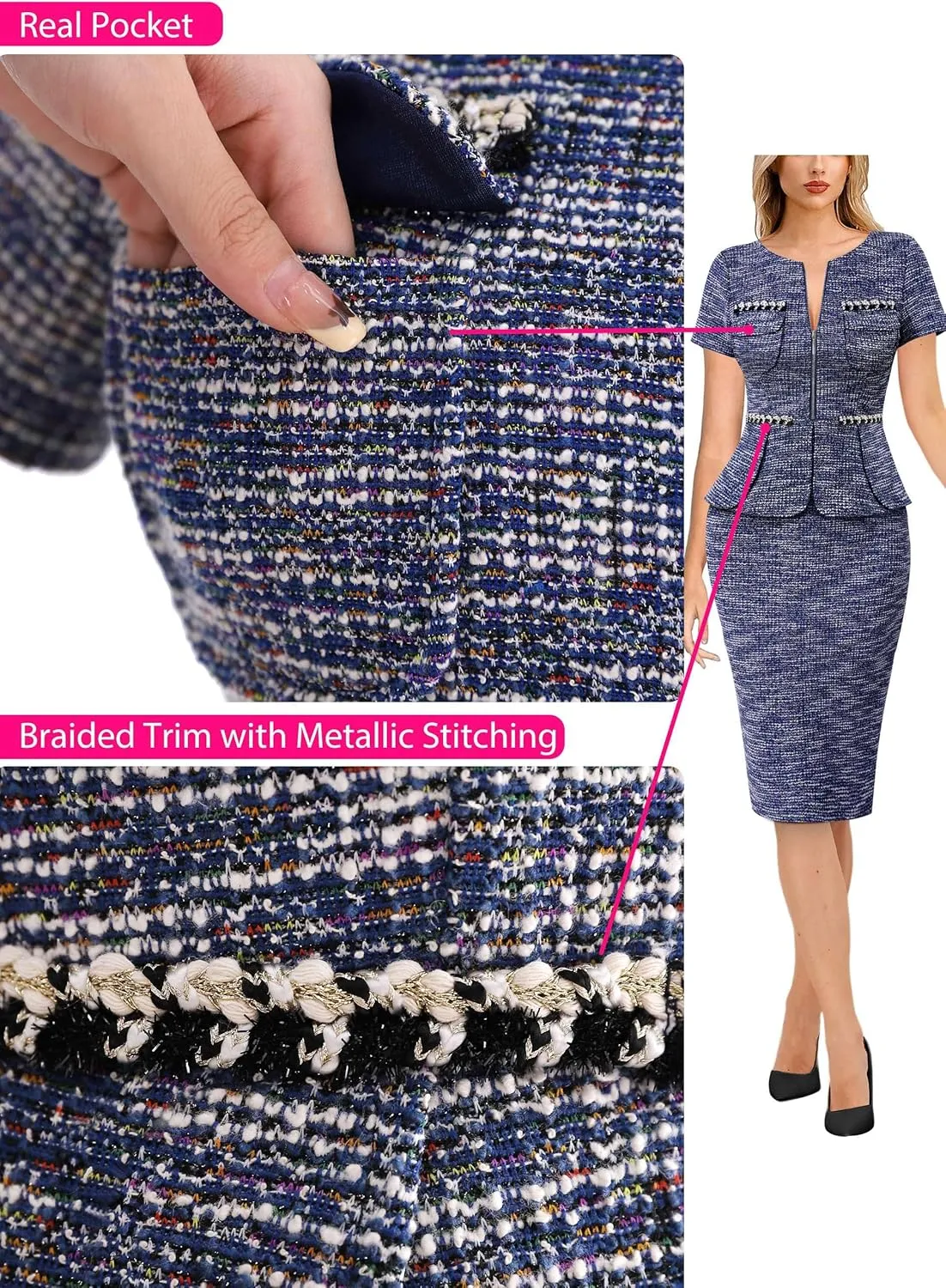 VFSHOW Womens 2024 Business Work Office Peplum Crew Neck Front Zipper Pockets Sheath Bodycon Dress