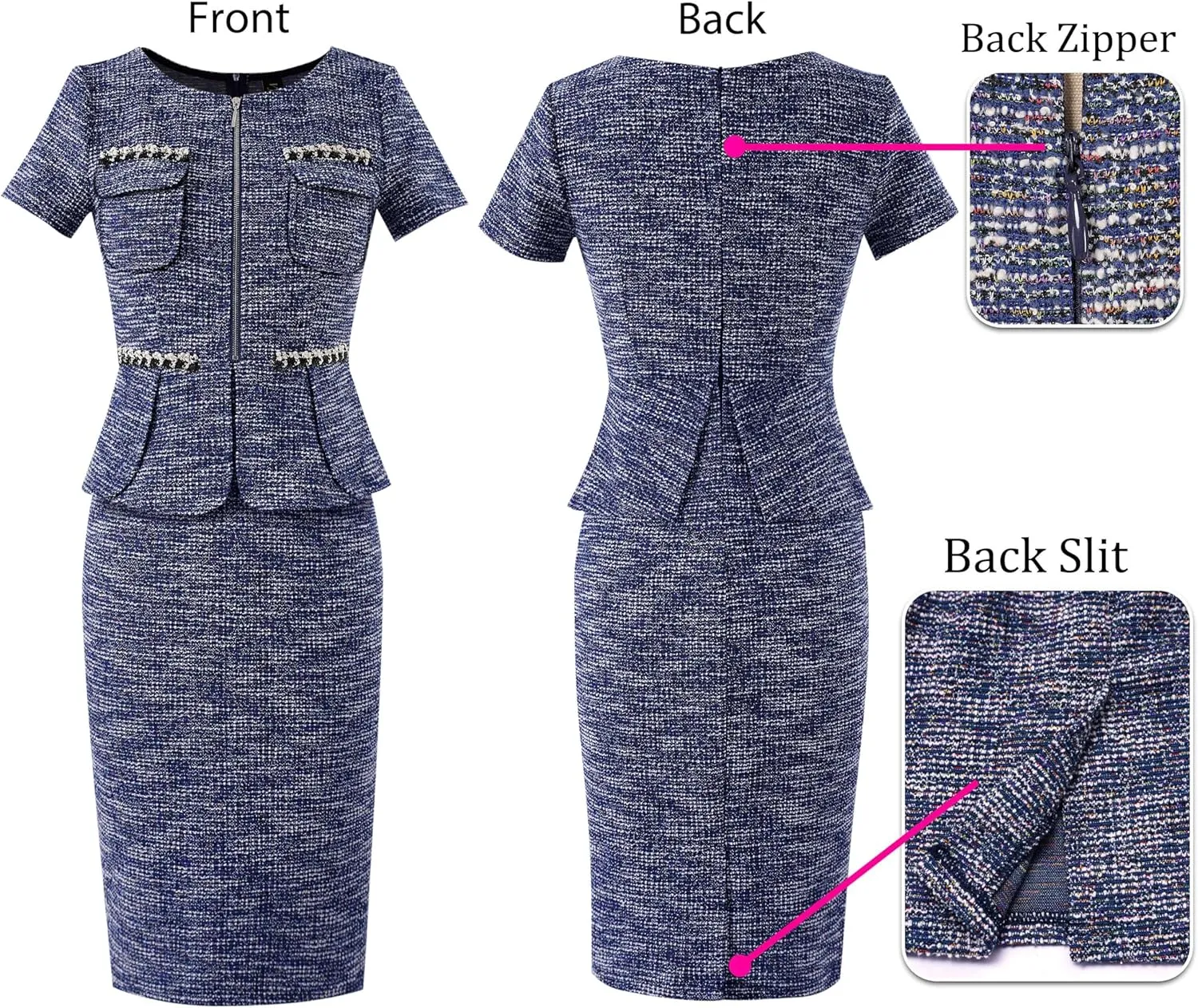 VFSHOW Womens 2024 Business Work Office Peplum Crew Neck Front Zipper Pockets Sheath Bodycon Dress