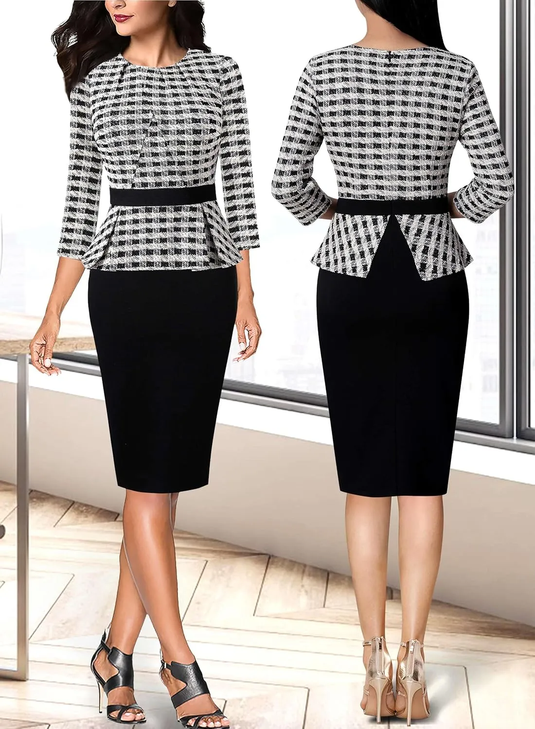 VFSHOW Womens Pleated Crew Neck Peplum Work Business Office Bodycon Pencil Sheath Dress