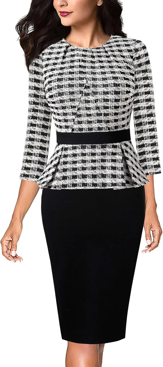 VFSHOW Womens Pleated Crew Neck Peplum Work Business Office Bodycon Pencil Sheath Dress