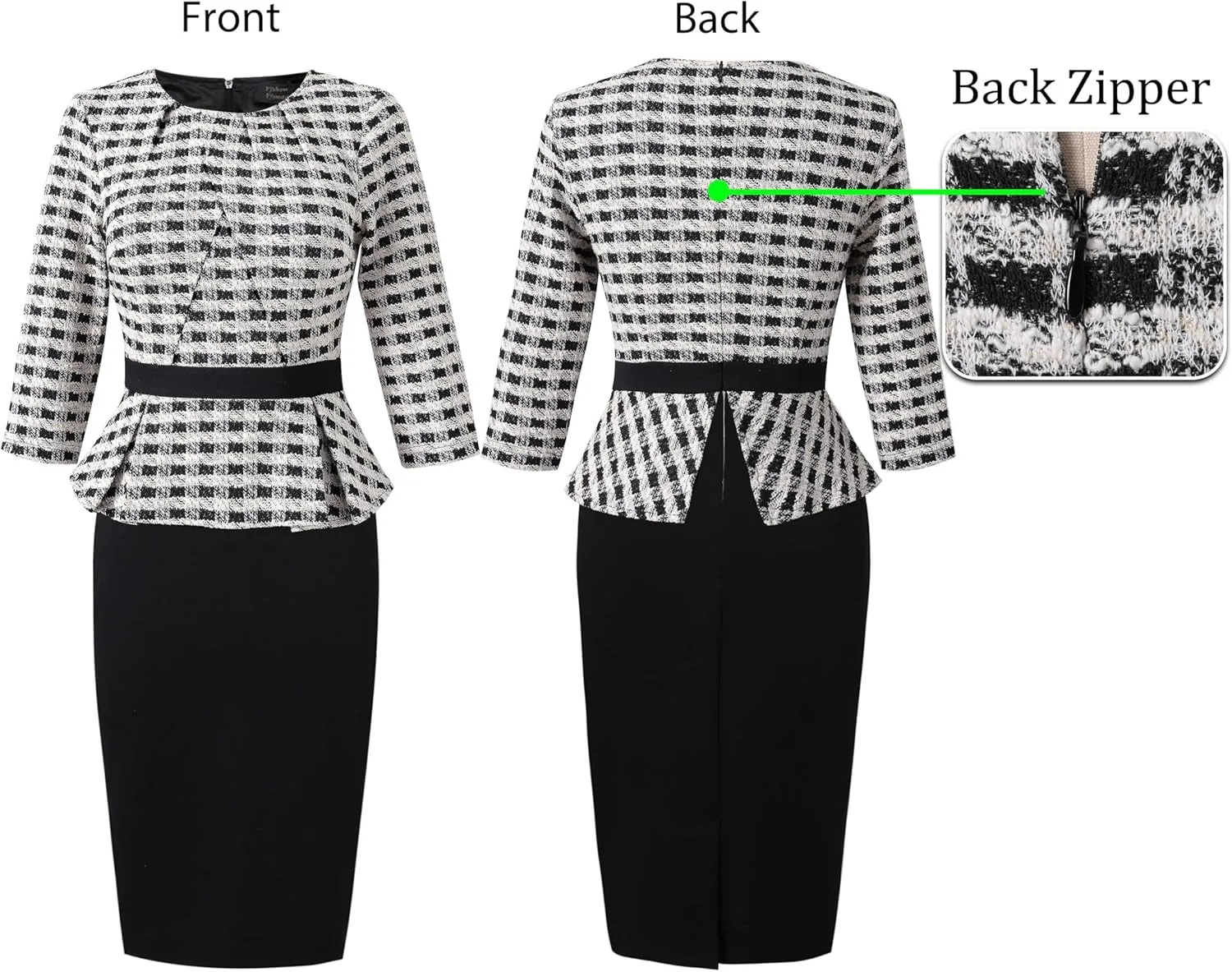 VFSHOW Womens Pleated Crew Neck Peplum Work Business Office Bodycon Pencil Sheath Dress