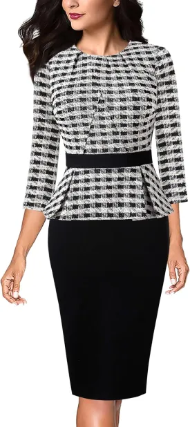 VFSHOW Womens Pleated Crew Neck Peplum Work Business Office Bodycon Pencil Sheath Dress