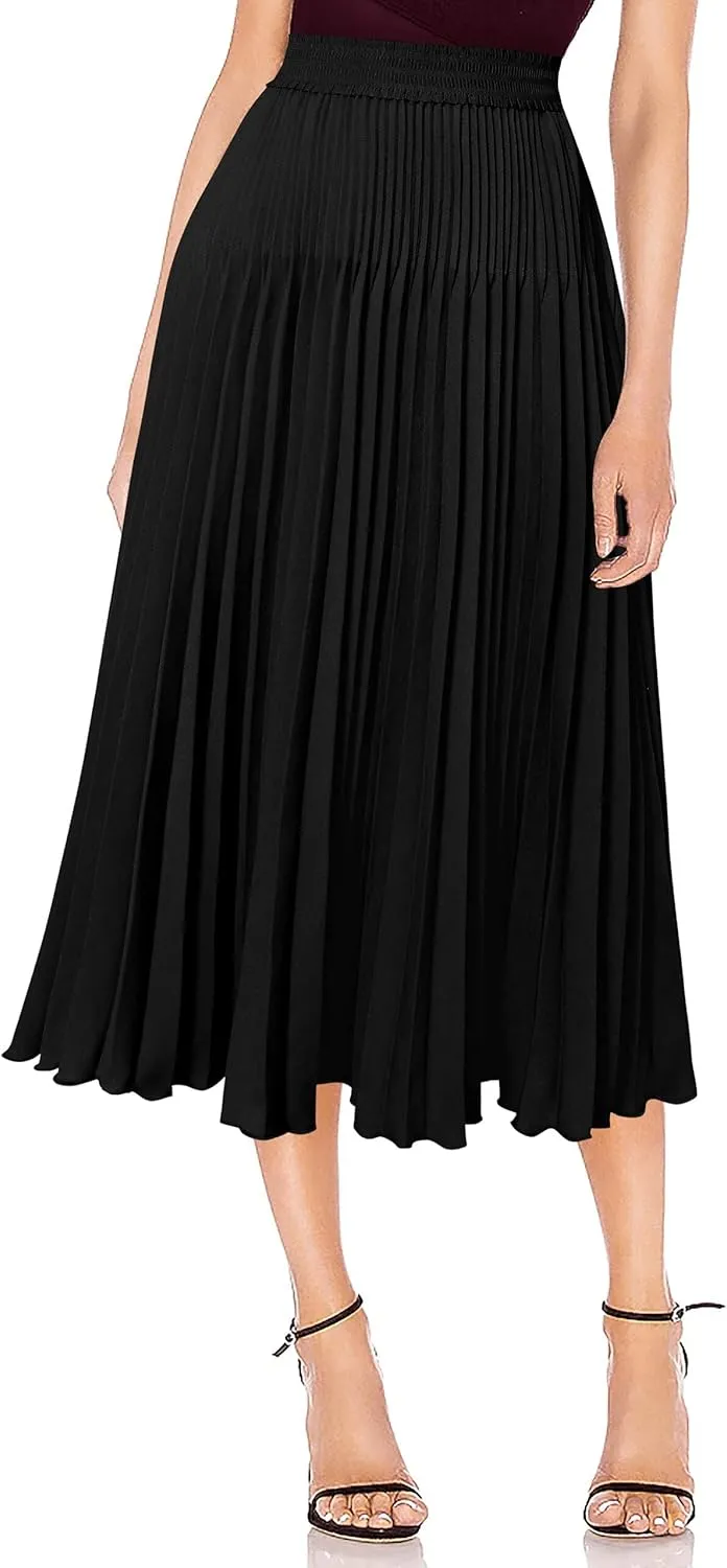 VFSHOW Womens Pleated Elastic High Waist Casual Work Business Office A-Line Swing Midi Skirt