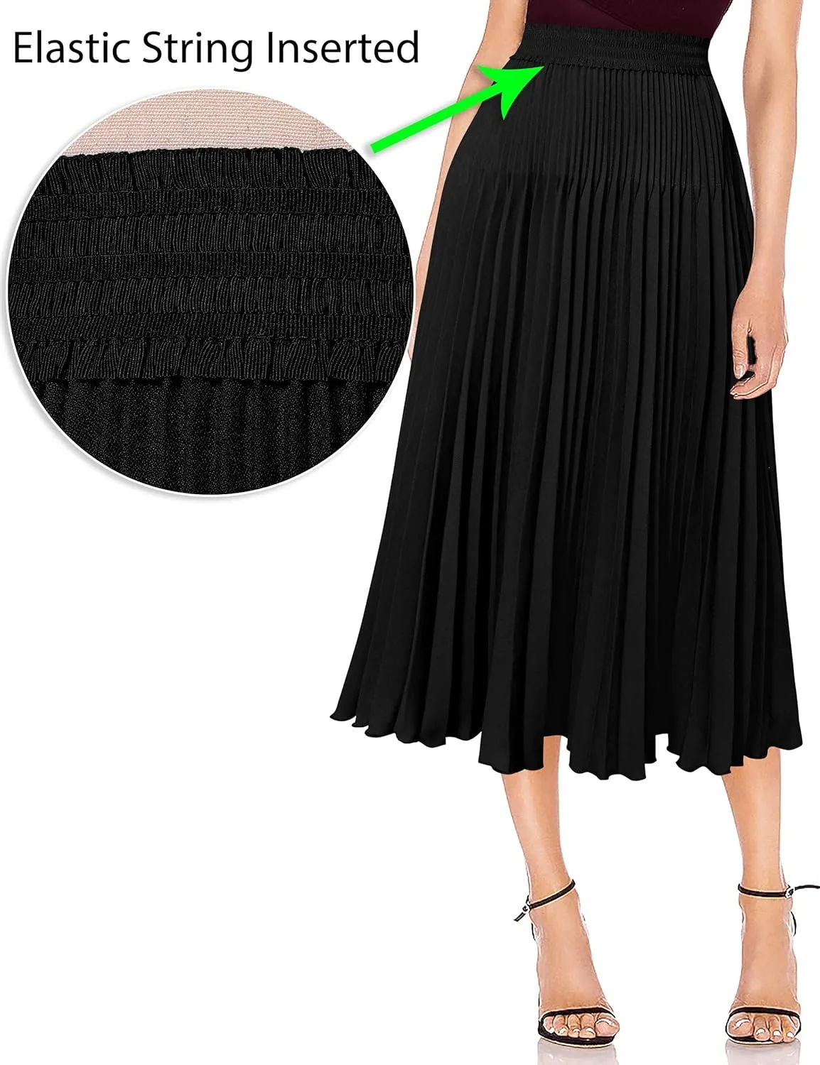 VFSHOW Womens Pleated Elastic High Waist Casual Work Business Office A-Line Swing Midi Skirt