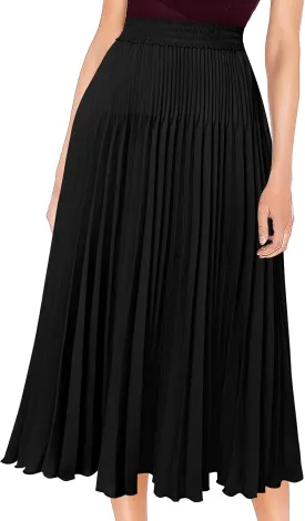 VFSHOW Womens Pleated Elastic High Waist Casual Work Business Office A-Line Swing Midi Skirt