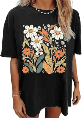Wildflowers Shirt for Women Oversized Vintage Floral T Shirts Inspirational Graphic Tees Summer Casual Loose Beach Tops
