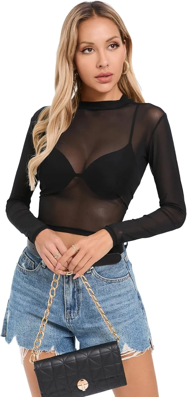 Women's Mesh Tops See Through Shirts Long Sleeve Bodycon Clubwear Crop Sheer Blouses