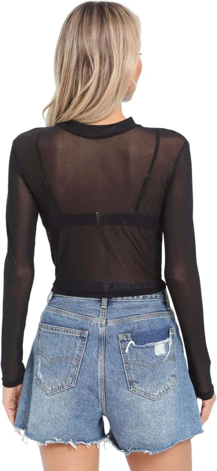 Women's Mesh Tops See Through Shirts Long Sleeve Bodycon Clubwear Crop Sheer Blouses