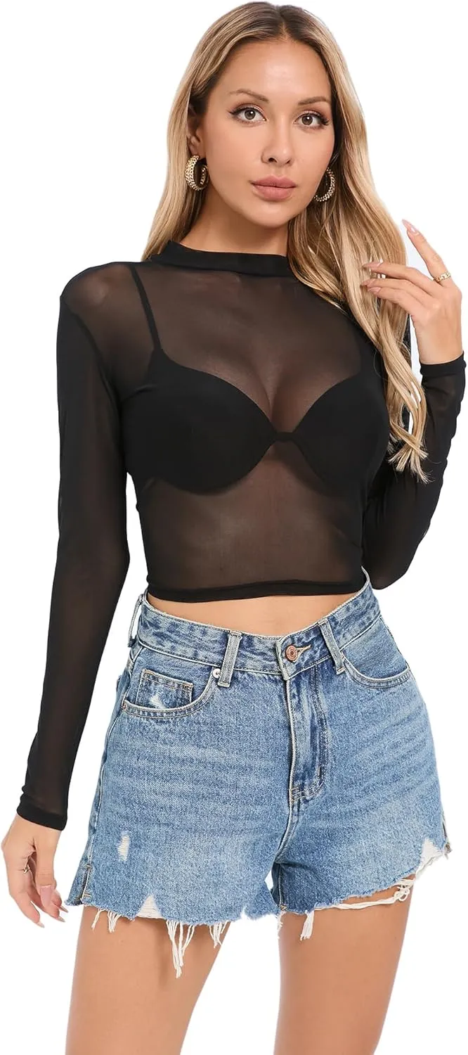 Women's Mesh Tops See Through Shirts Long Sleeve Bodycon Clubwear Crop Sheer Blouses